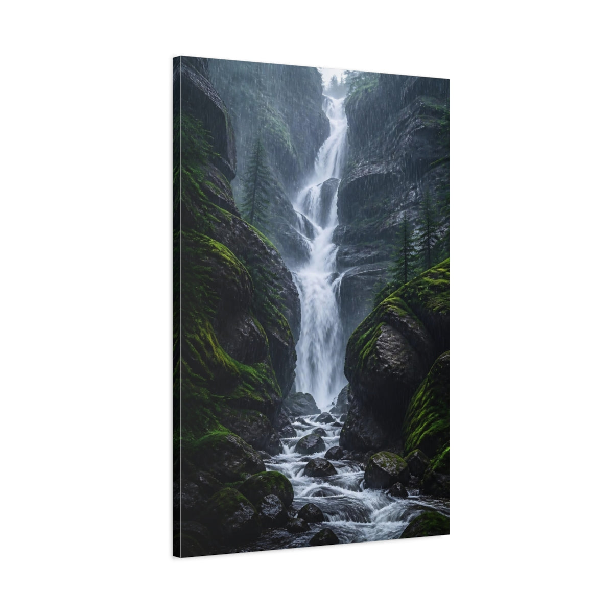Main Mockup. Rainy Forest Waterfall shown as canvas print