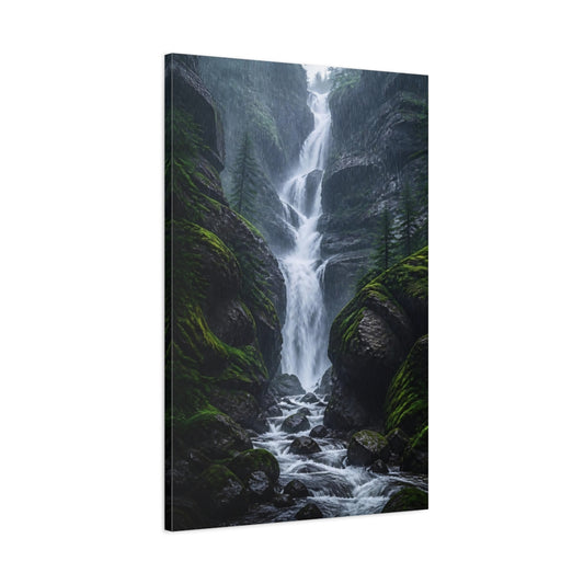 Main Mockup. Rainy Forest Waterfall shown as canvas print