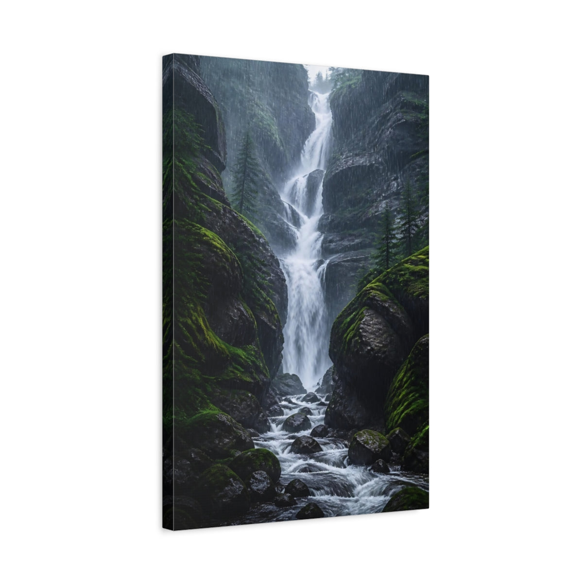 Side Mockup 3. Rainy Forest Waterfall shown as canvas print