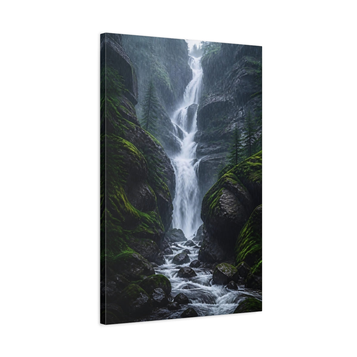 Side Mockup 2. Rainy Forest Waterfall shown as canvas print