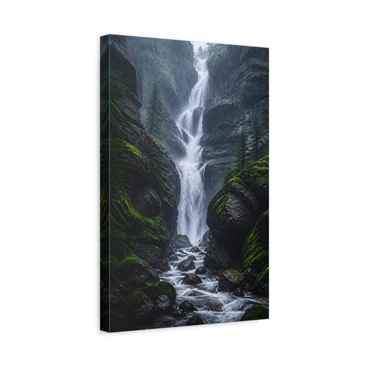Side Mockup 4. Rainy Forest Waterfall shown as canvas print