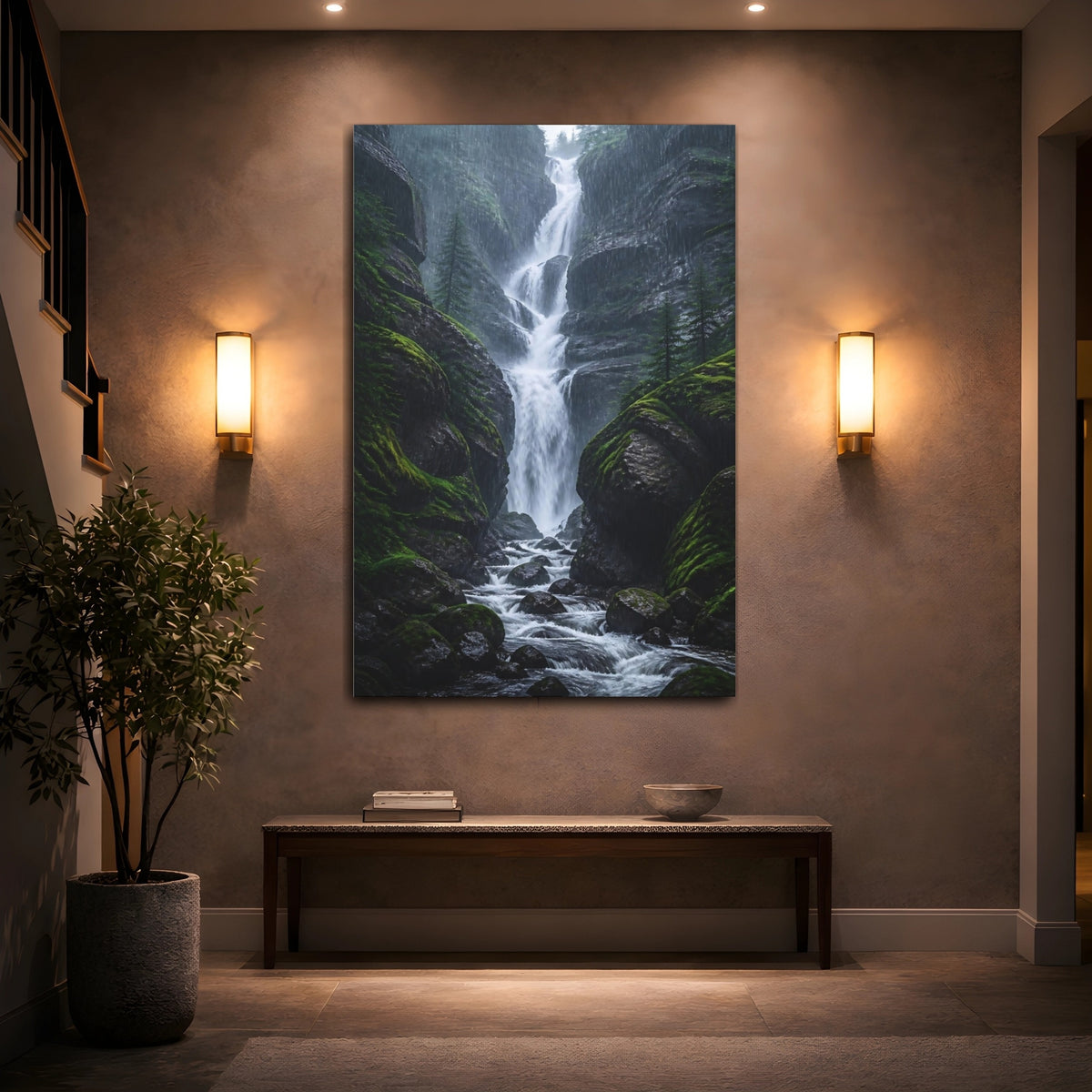Mockup 2. Rainy Forest Waterfall shown as canvas print