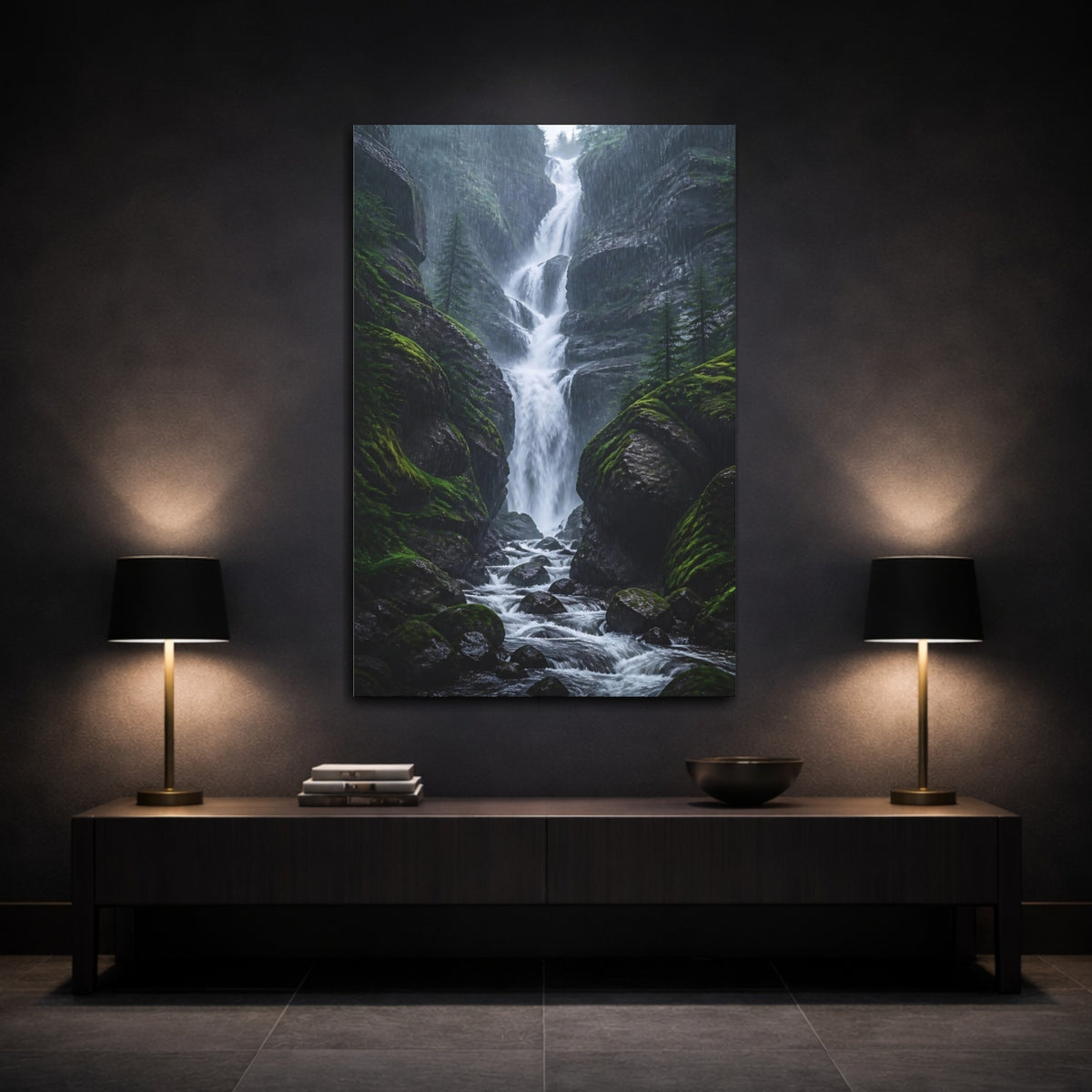 Mockup 3. Rainy Forest Waterfall shown as canvas print