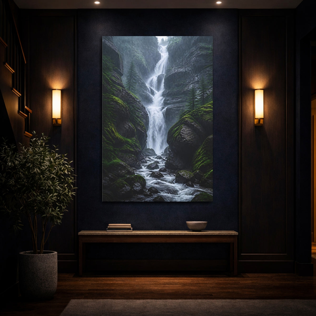 Mockup 4. Rainy Forest Waterfall shown as canvas print