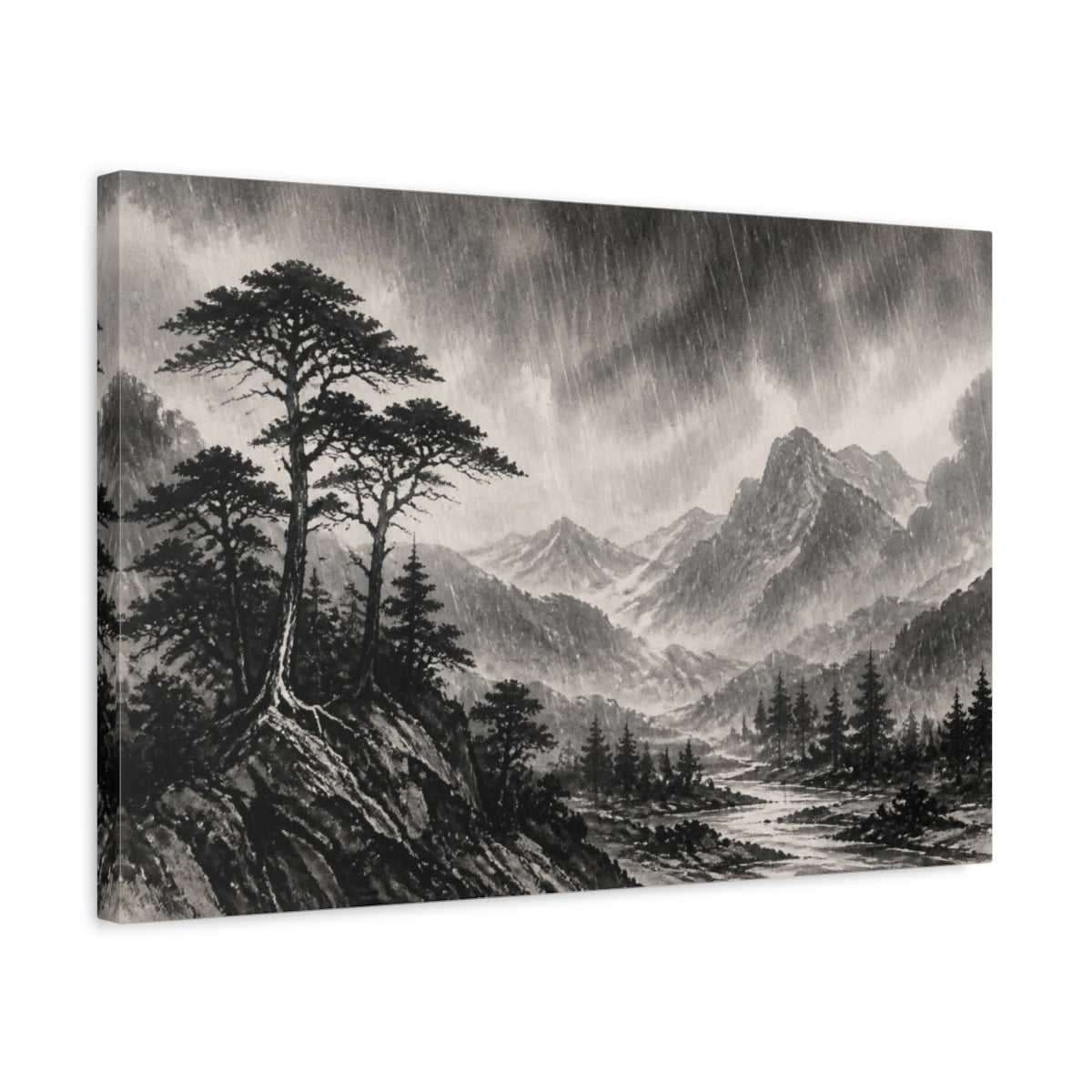 Side Mockup 3. Rainy Highland Landscape shown as canvas print