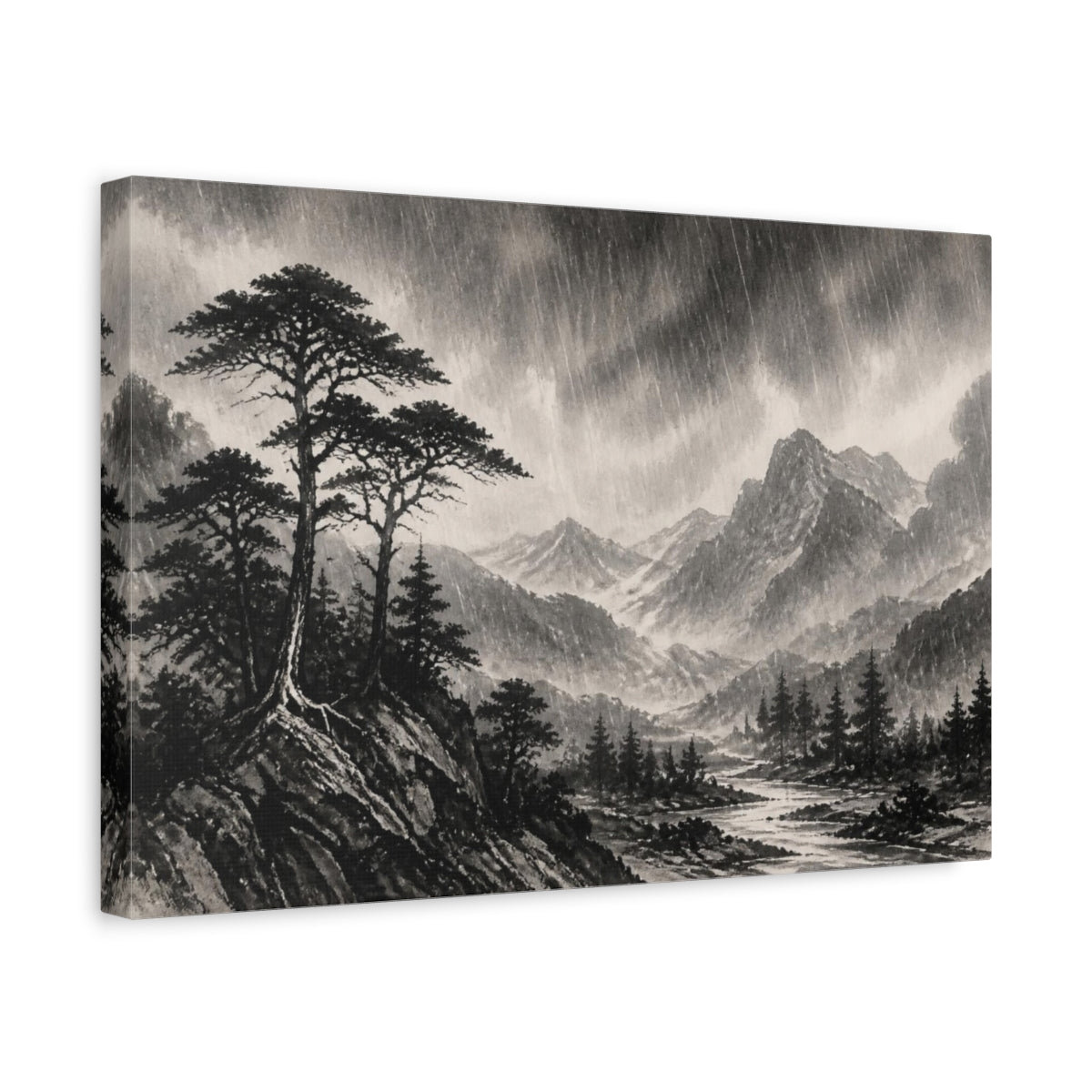 Side Mockup 4. Rainy Highland Landscape shown as canvas print
