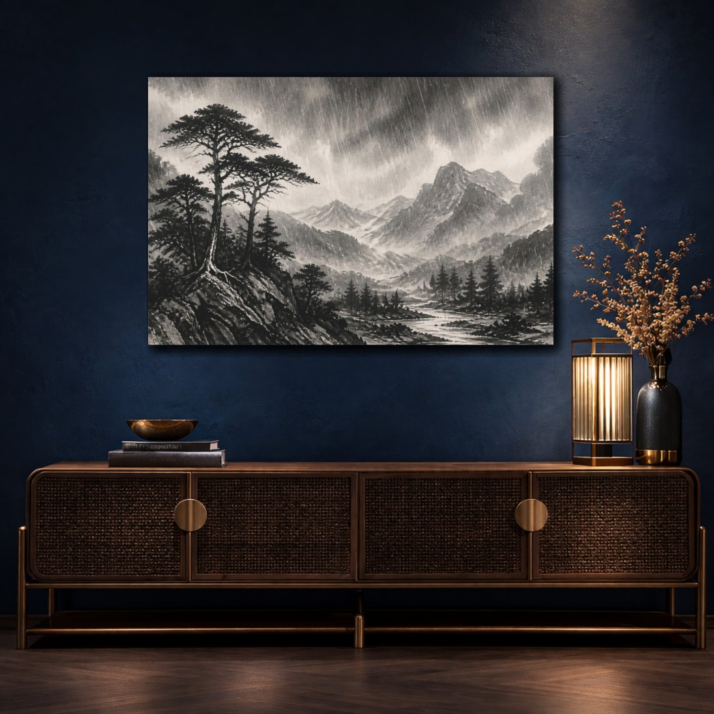 Mockup 4. Rainy Highland Landscape shown as canvas print