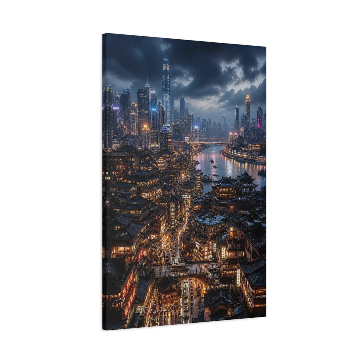 Main Mockup. Rainy Neon Cityscape shown as canvas print