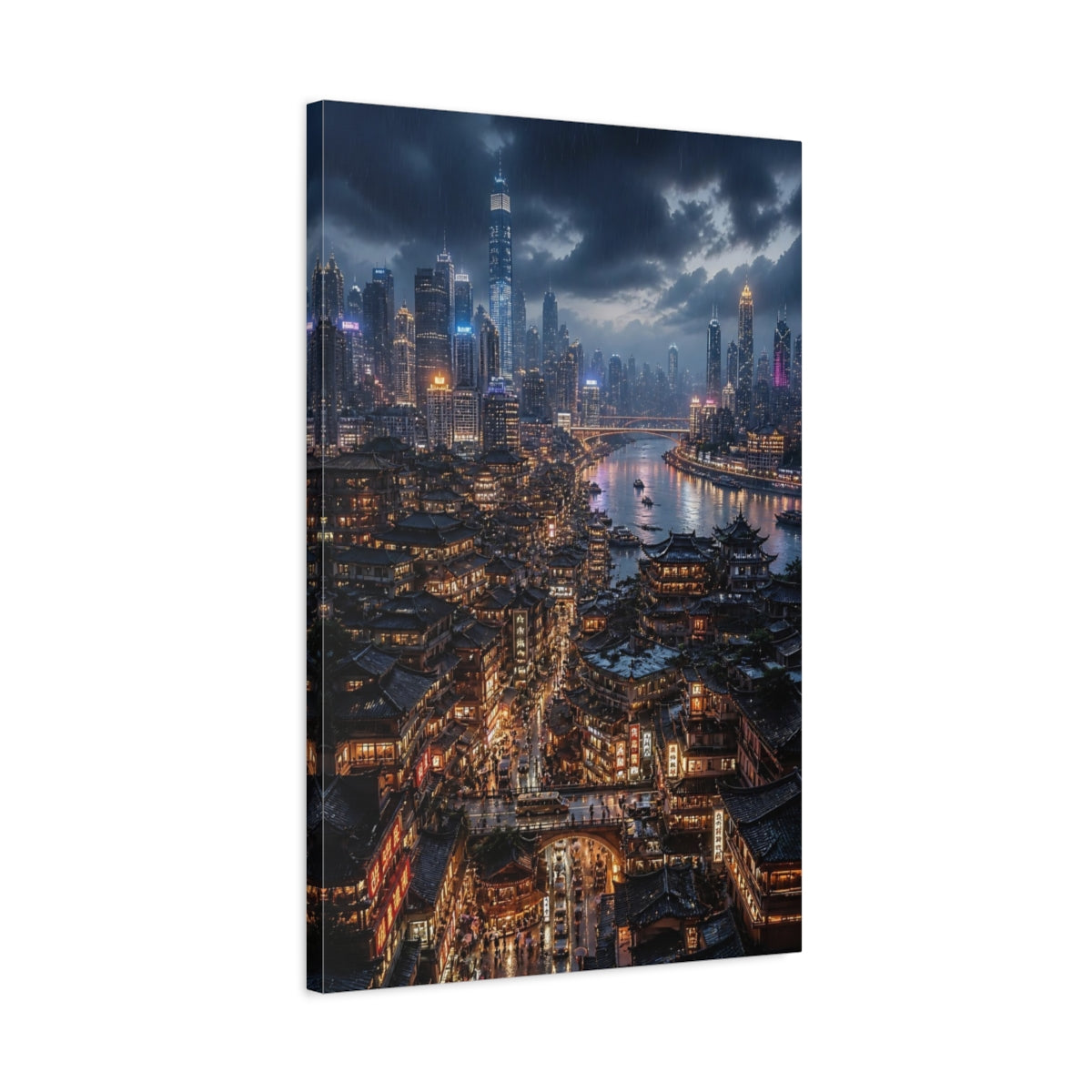 Side Mockup 2. Rainy Neon Cityscape shown as canvas print