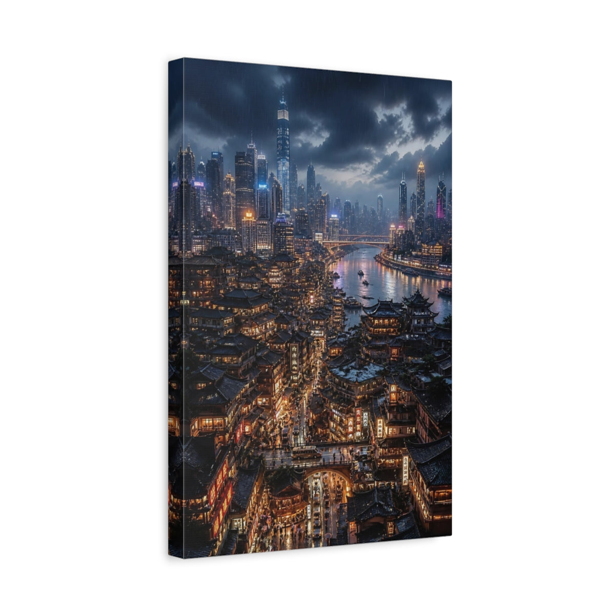 Side Mockup 4. Rainy Neon Cityscape shown as canvas print