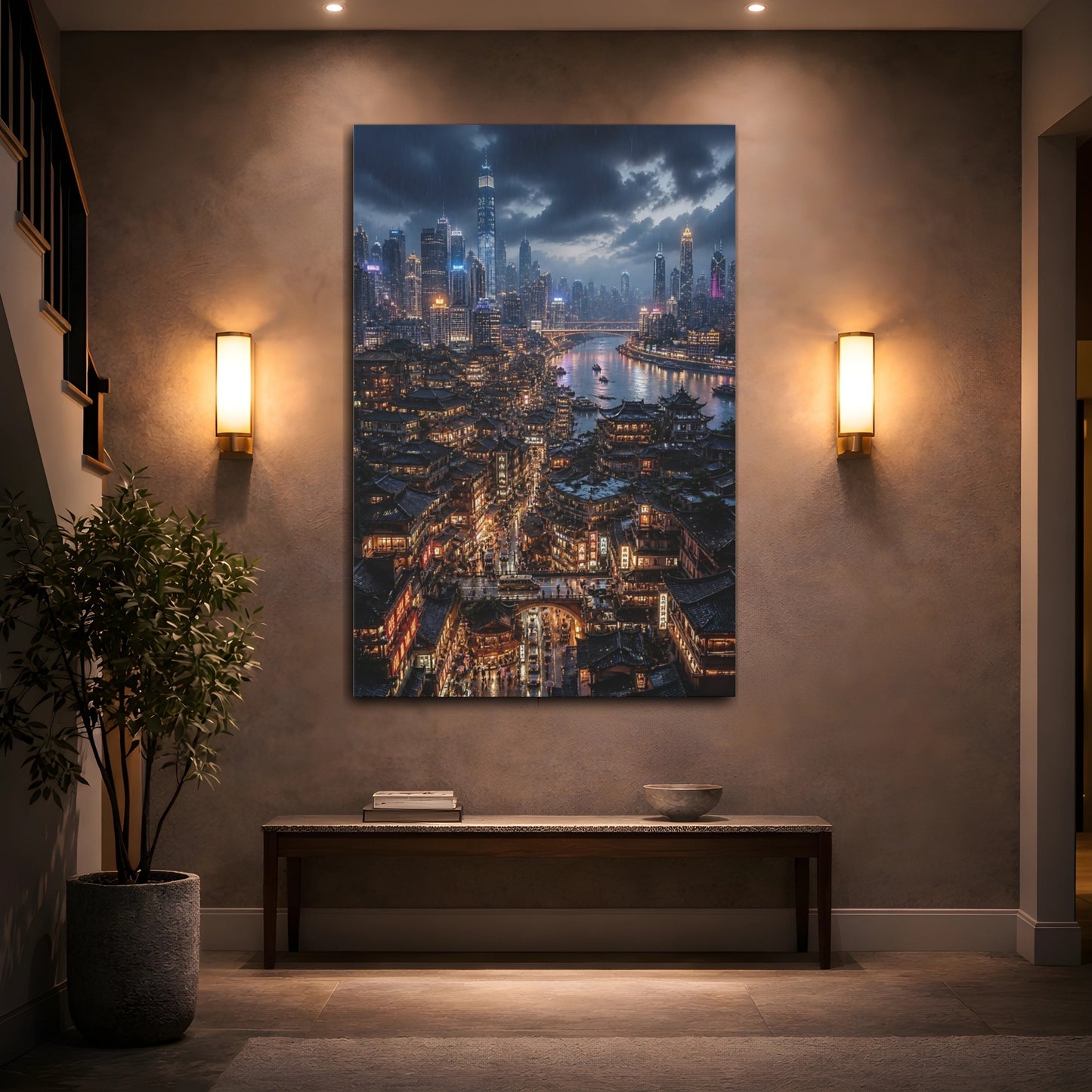 Mockup 2. Rainy Neon Cityscape shown as canvas print