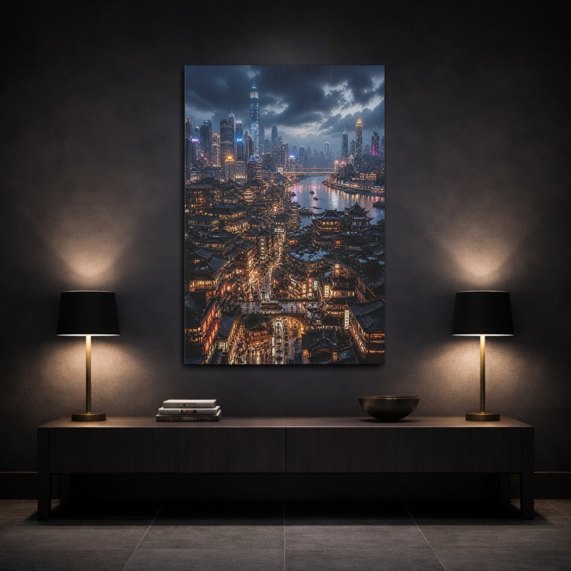 Mockup 3. Rainy Neon Cityscape shown as canvas print