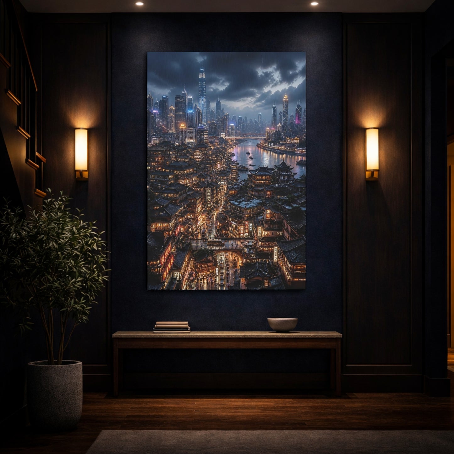 Mockup 4. Rainy Neon Cityscape shown as canvas print