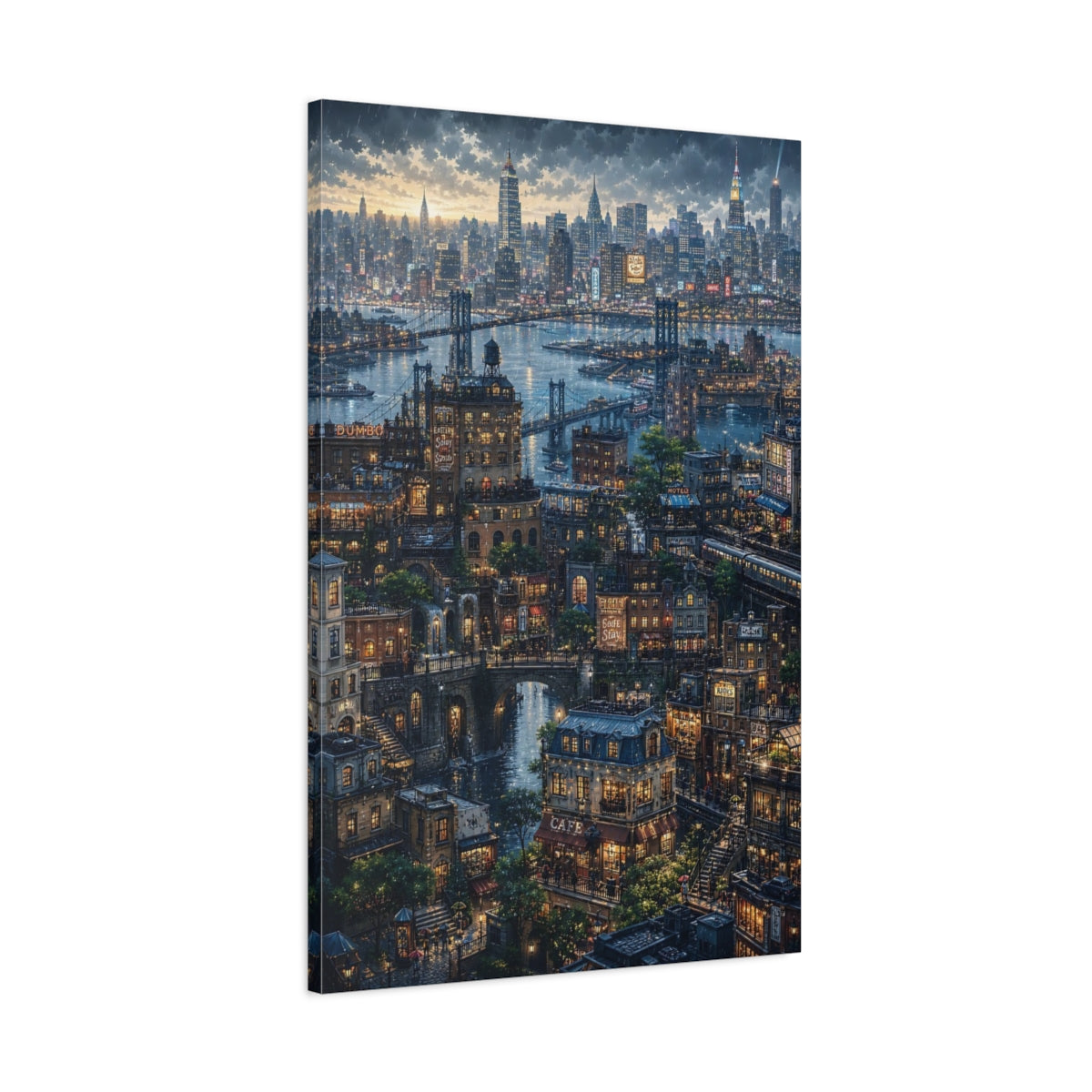 Main Mockup. Rainy Riverside Cityscape shown as canvas print