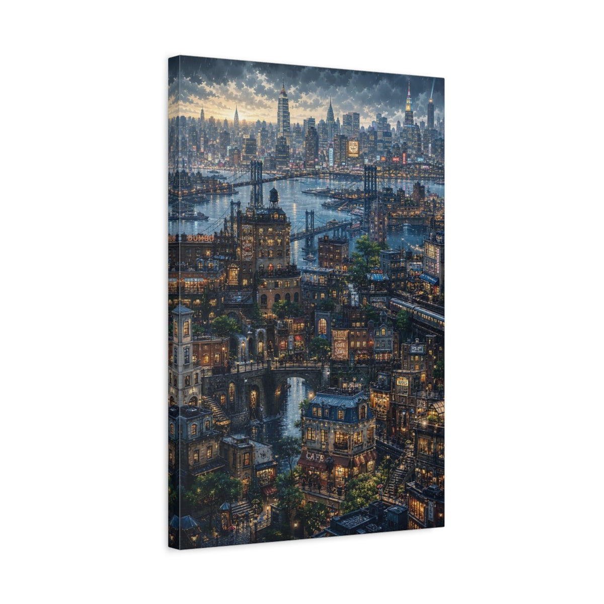Side Mockup 3. Rainy Riverside Cityscape shown as canvas print