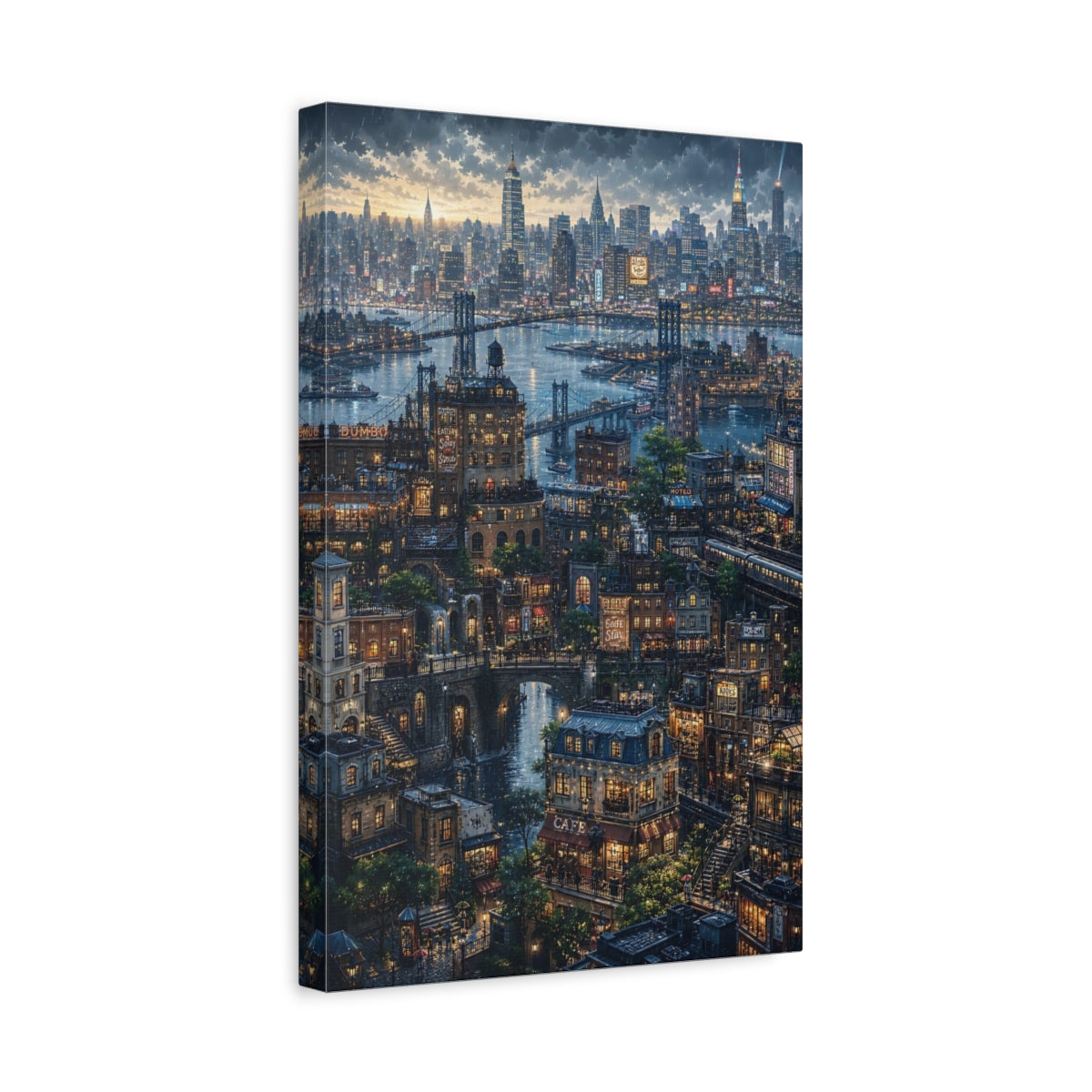 Side Mockup 4. Rainy Riverside Cityscape shown as canvas print