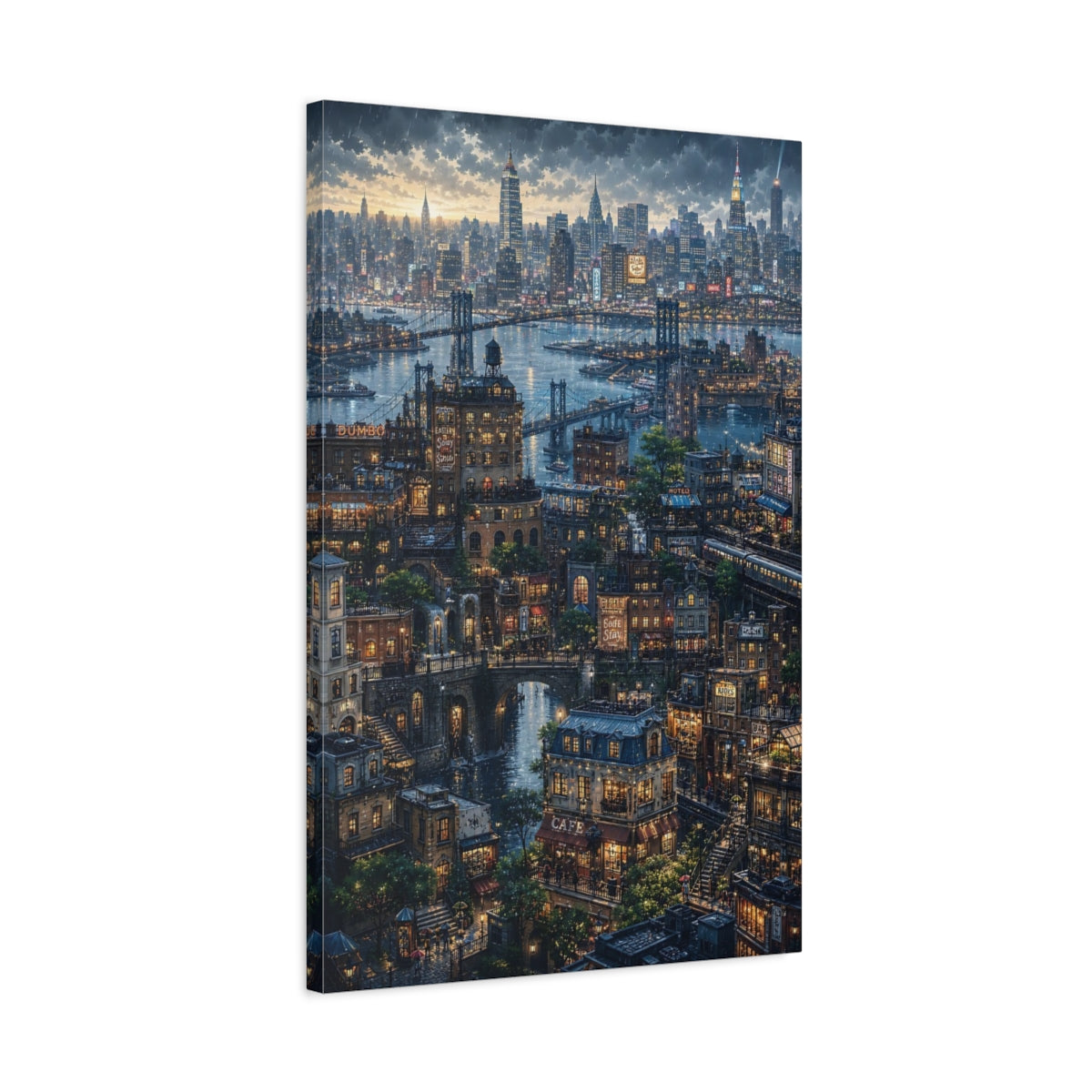 Side Mockup 2. Rainy Riverside Cityscape shown as canvas print