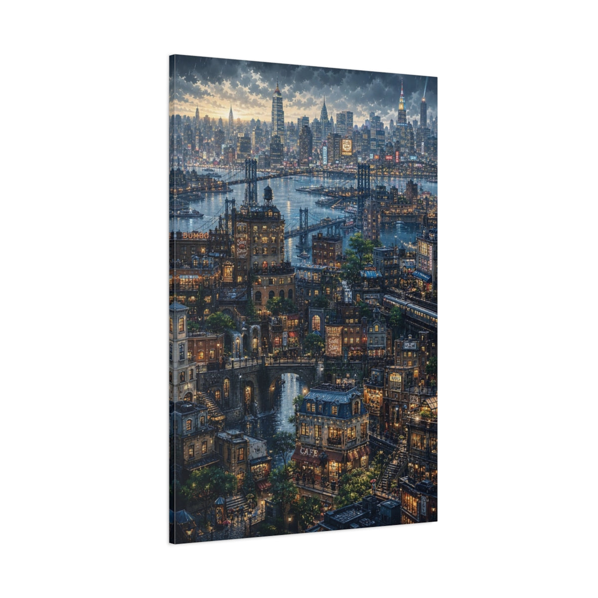Side Mockup 1. Rainy Riverside Cityscape shown as canvas print