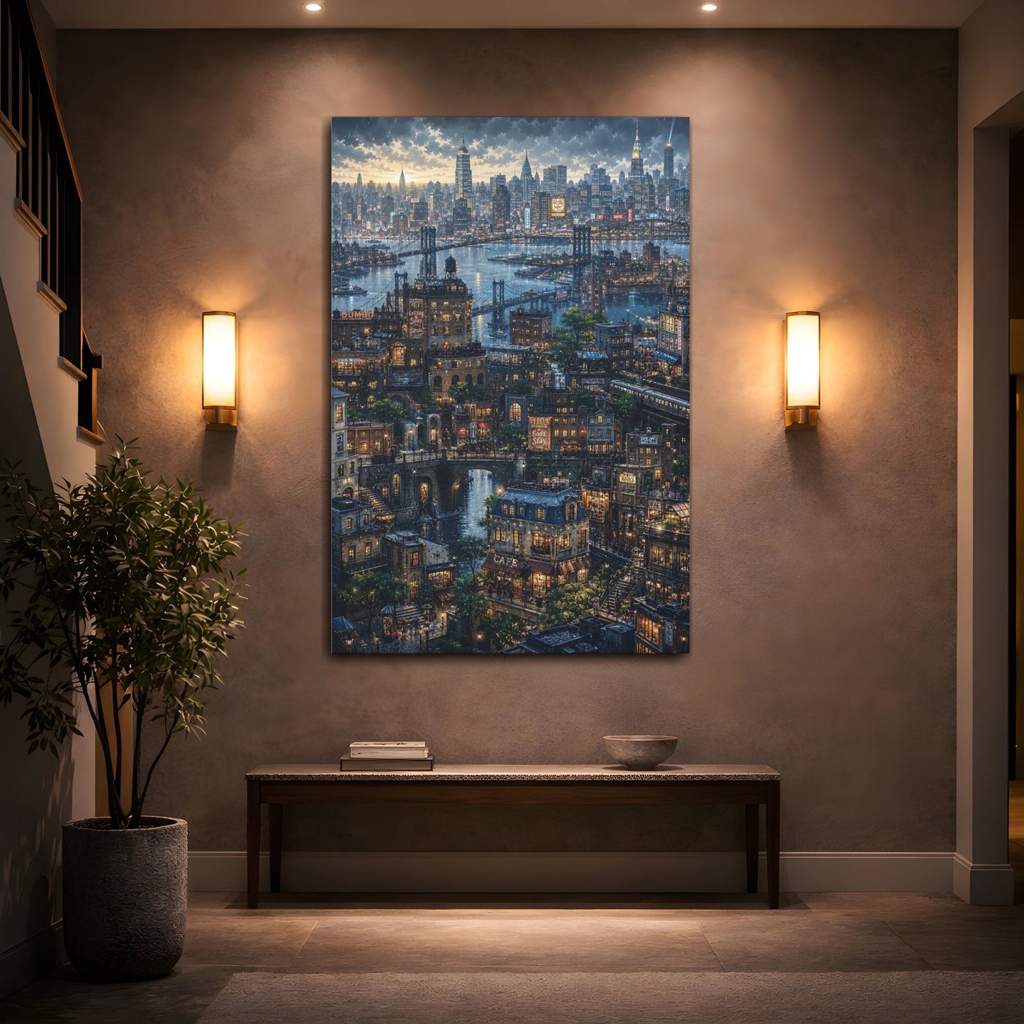Mockup 2. Rainy Riverside Cityscape shown as canvas print