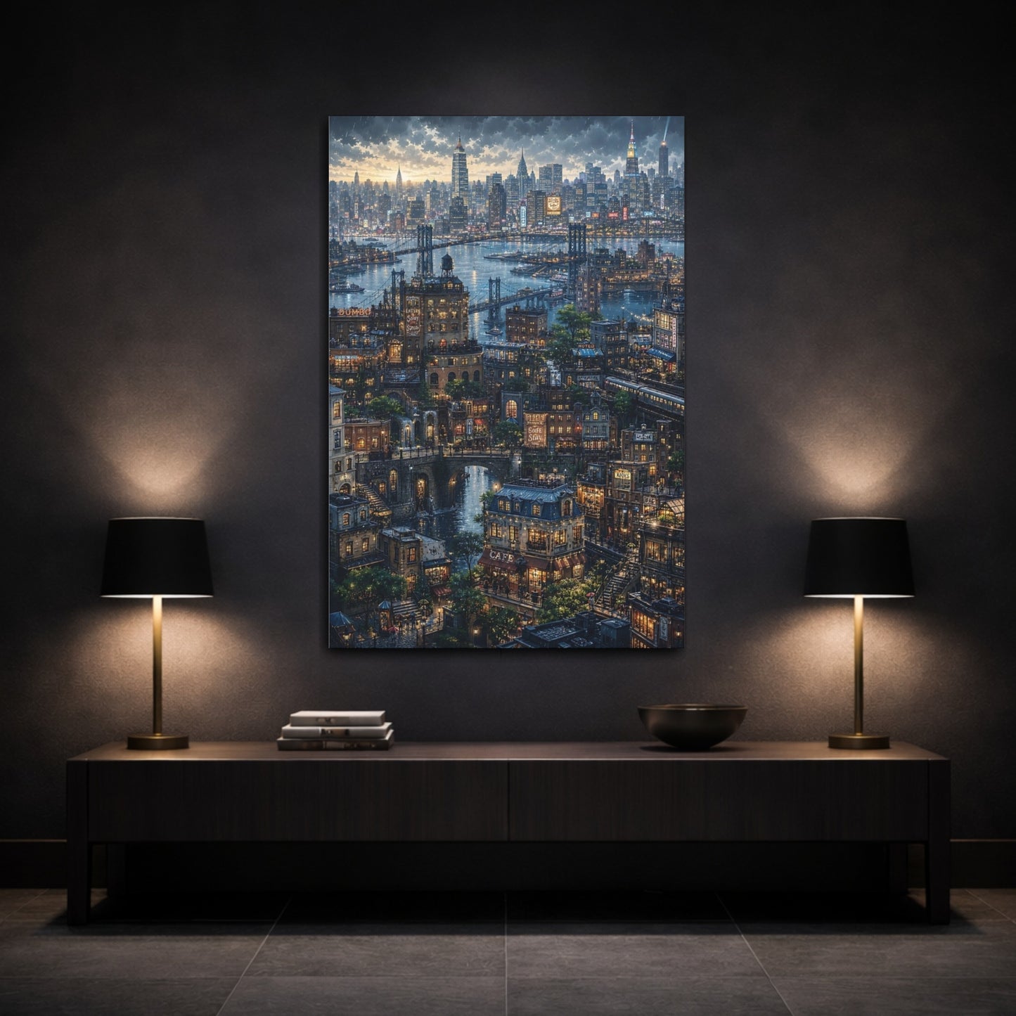 Mockup 3. Rainy Riverside Cityscape shown as canvas print