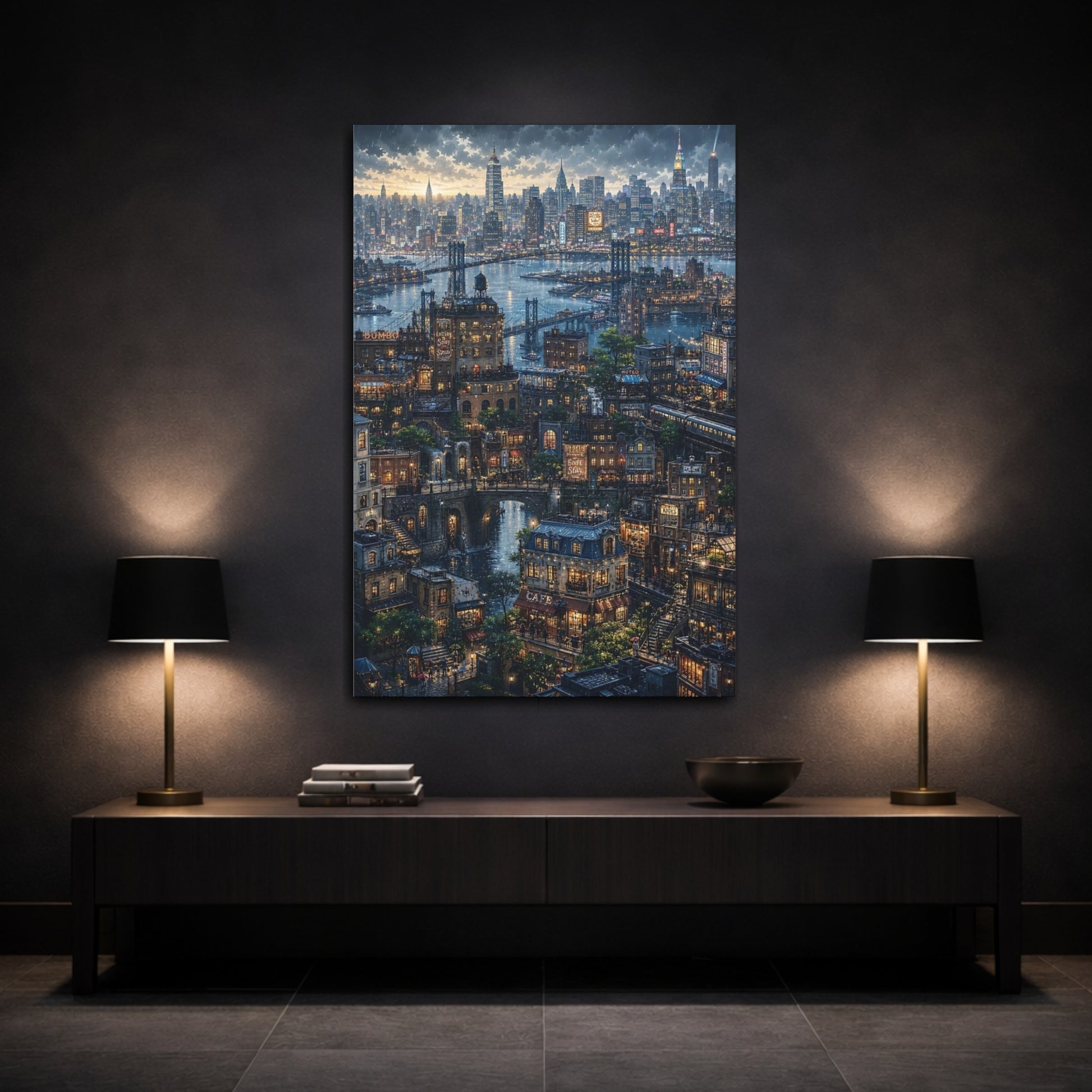 Mockup 3. Rainy Riverside Cityscape shown as canvas print