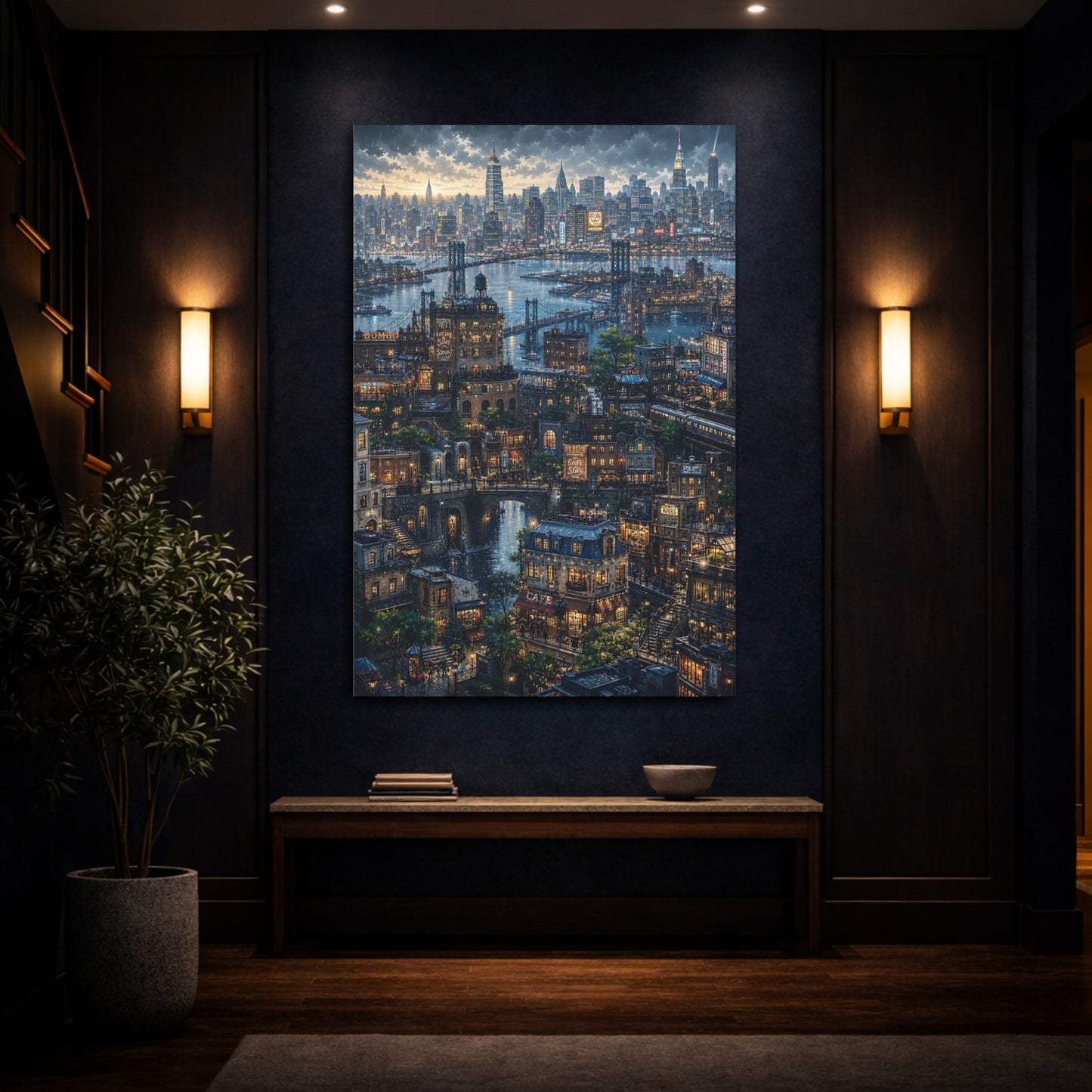 Mockup 4. Rainy Riverside Cityscape shown as canvas print