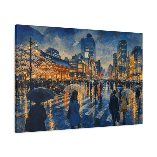 Rainy Tokyo Crossing Canvas Print – Living Room, Above Console Table, Cobalt & Amber - YesArtYes