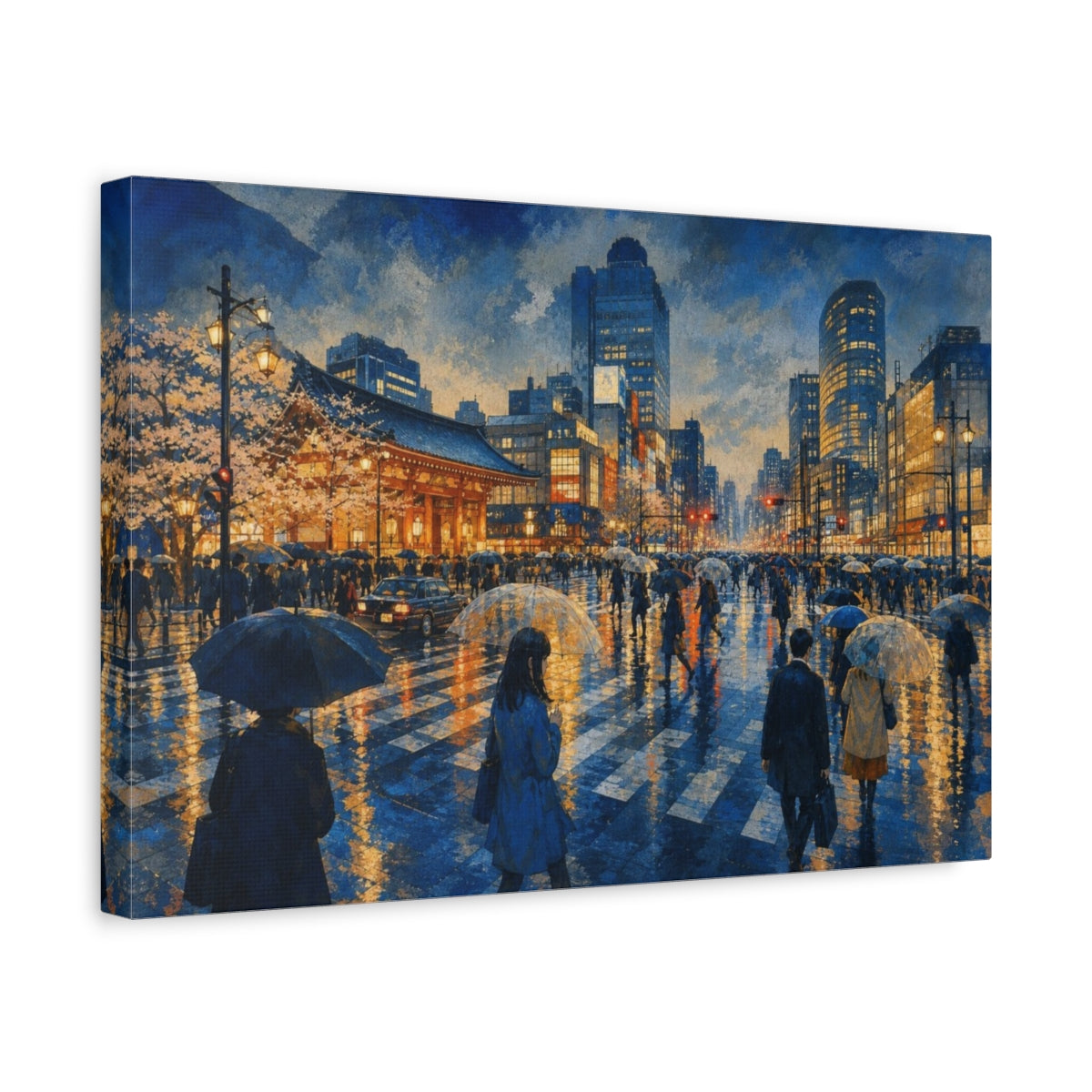 Side Mockup 4. Rainy Tokyo Crossing shown as canvas print