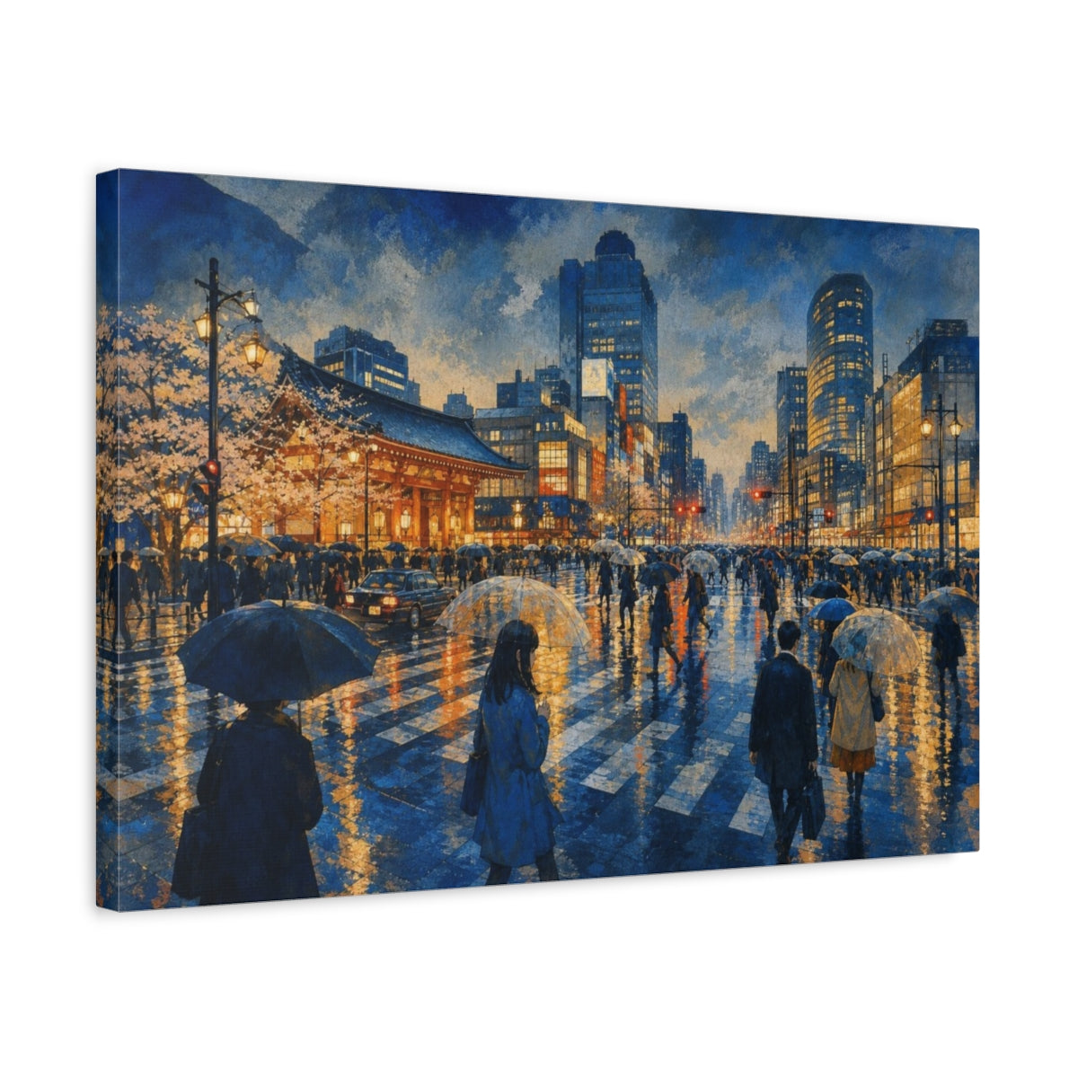 Side Mockup 3. Rainy Tokyo Crossing shown as canvas print