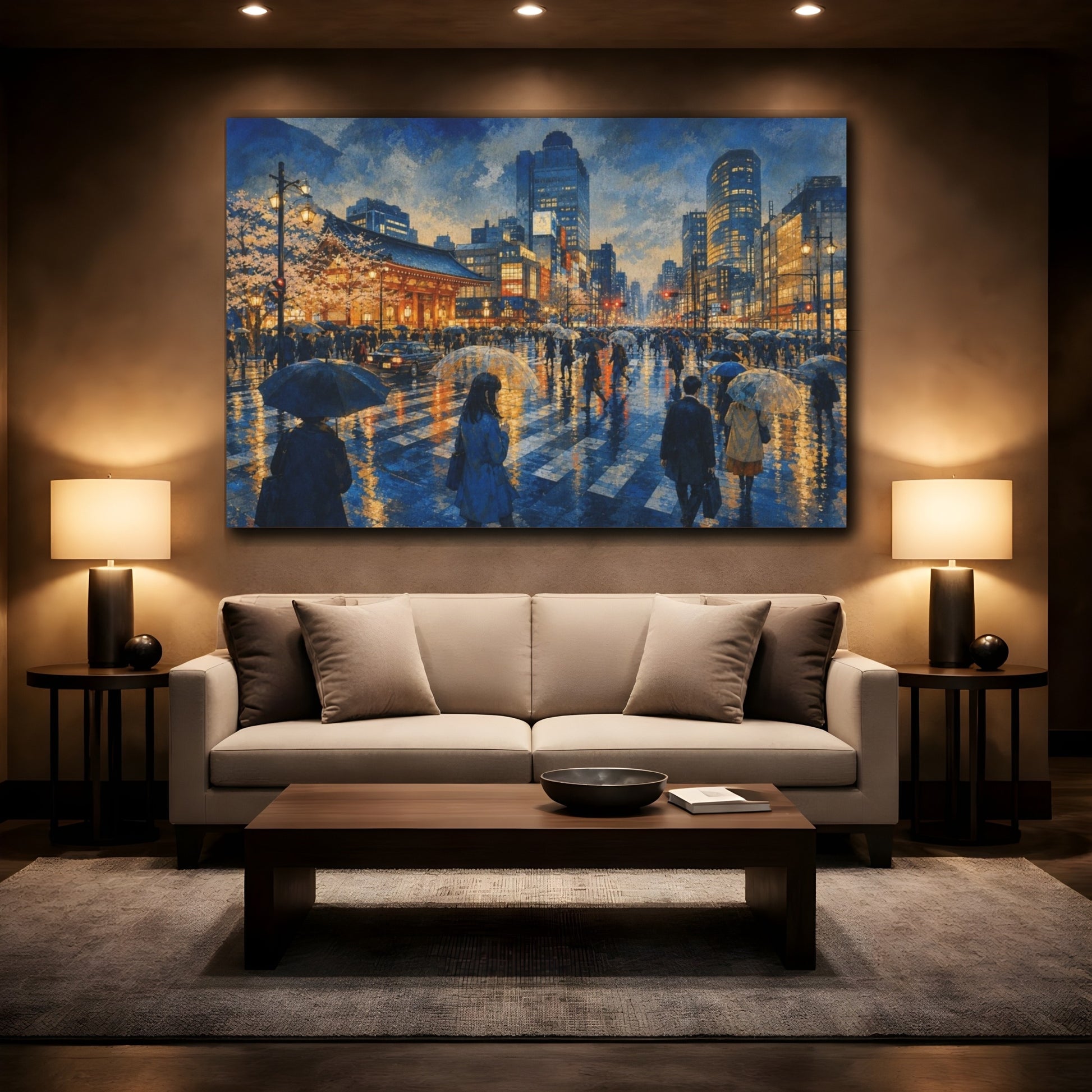 Mockup 2. Rainy Tokyo Crossing shown as canvas print