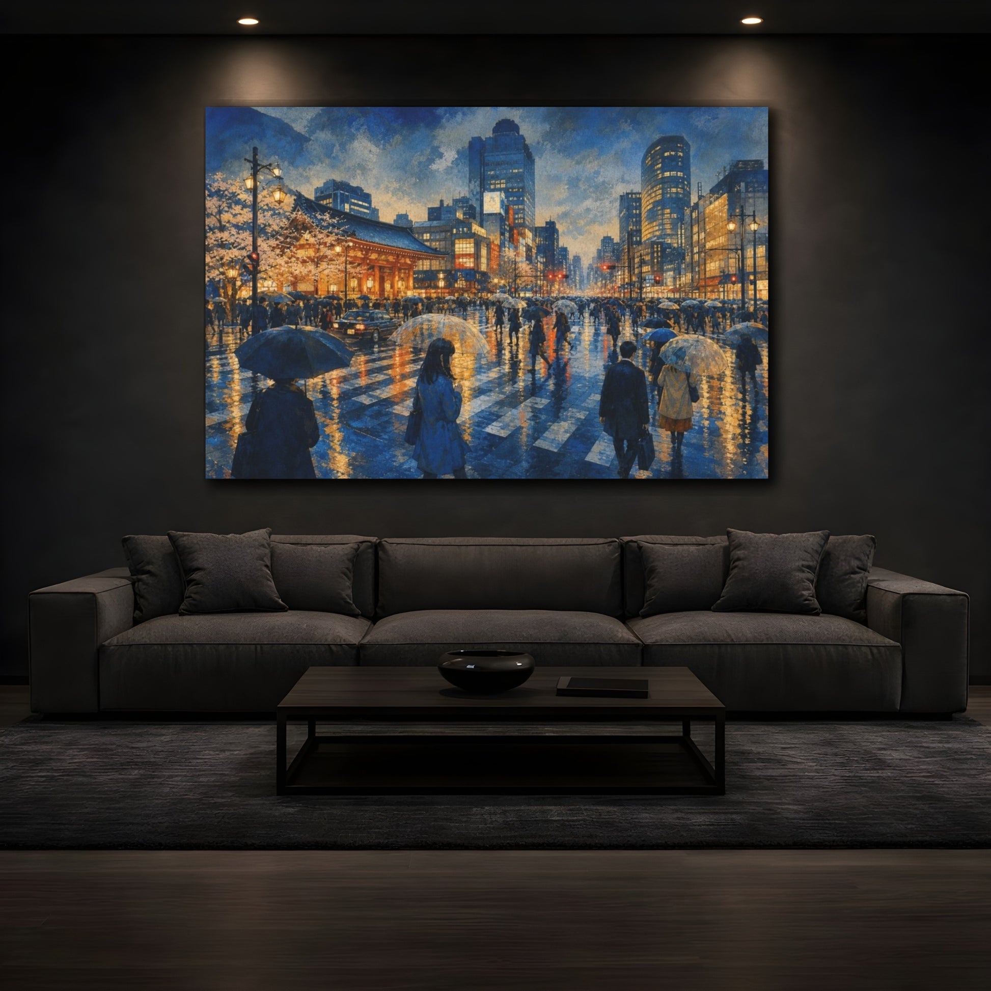 Mockup 3. Rainy Tokyo Crossing shown as canvas print