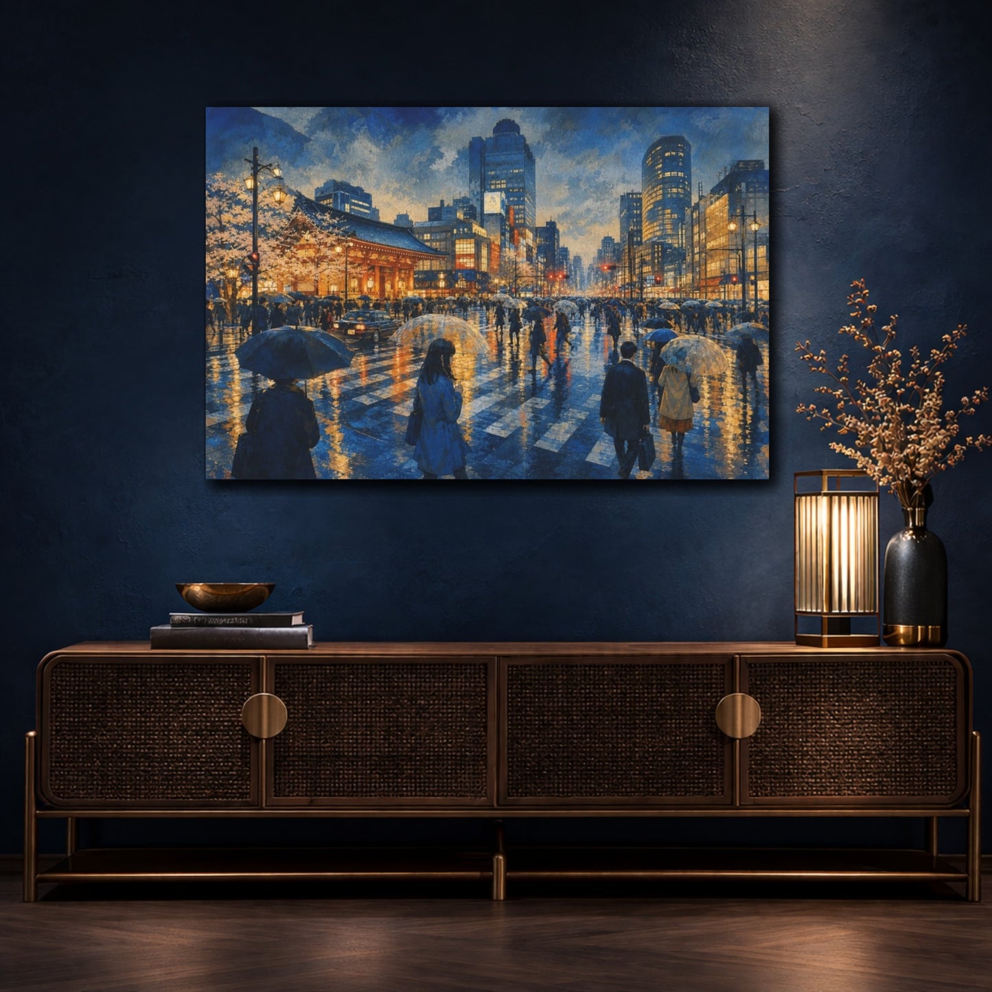 Mockup 4. Rainy Tokyo Crossing shown as canvas print