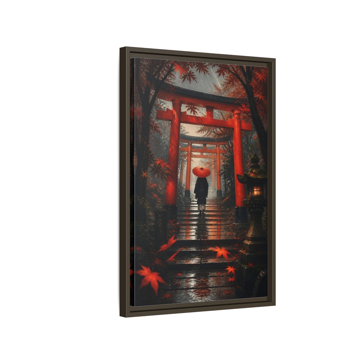 Side Mockup 2. Rainy Torii Path shown as framed canvas print
