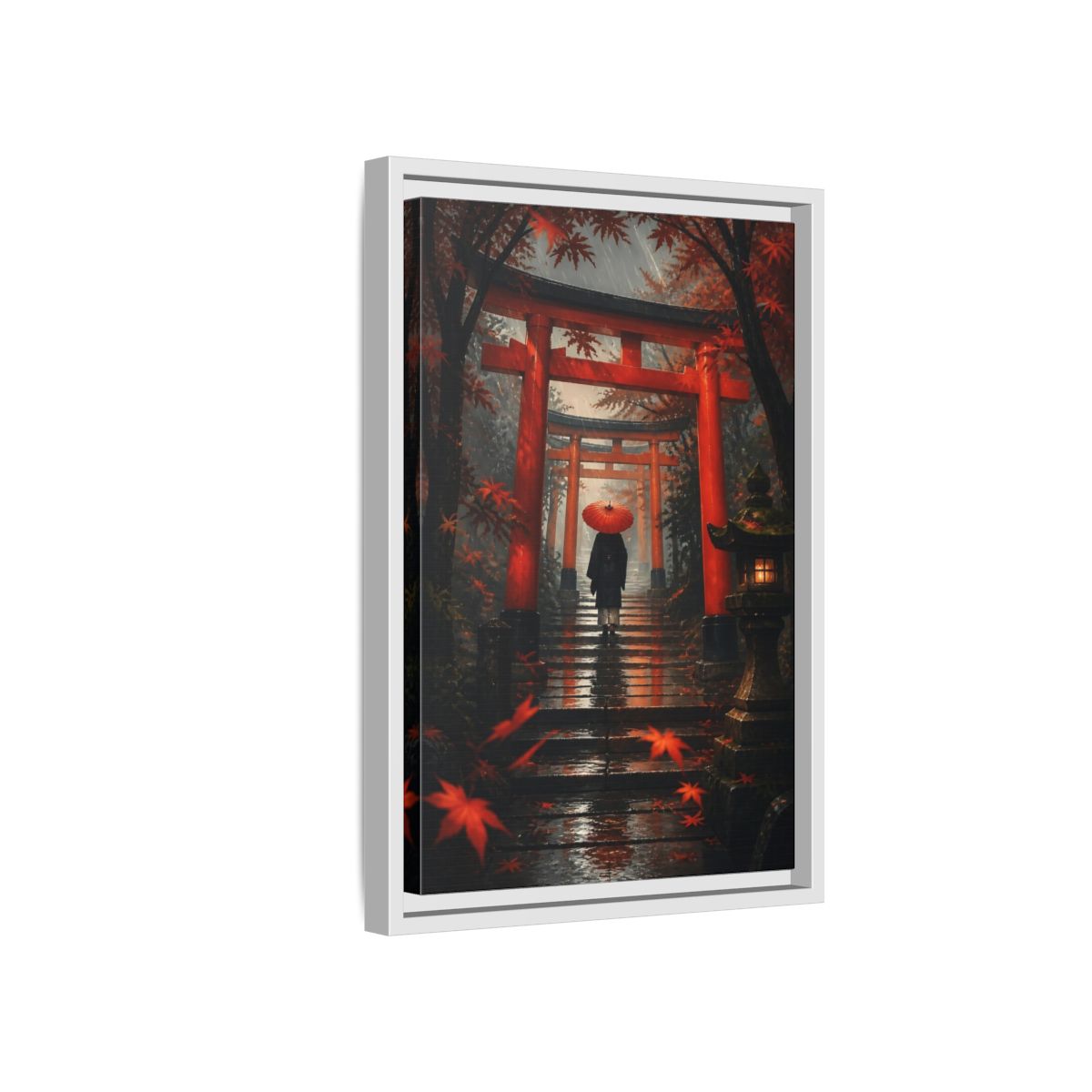 Side Mockup 4. Rainy Torii Path shown as framed canvas print