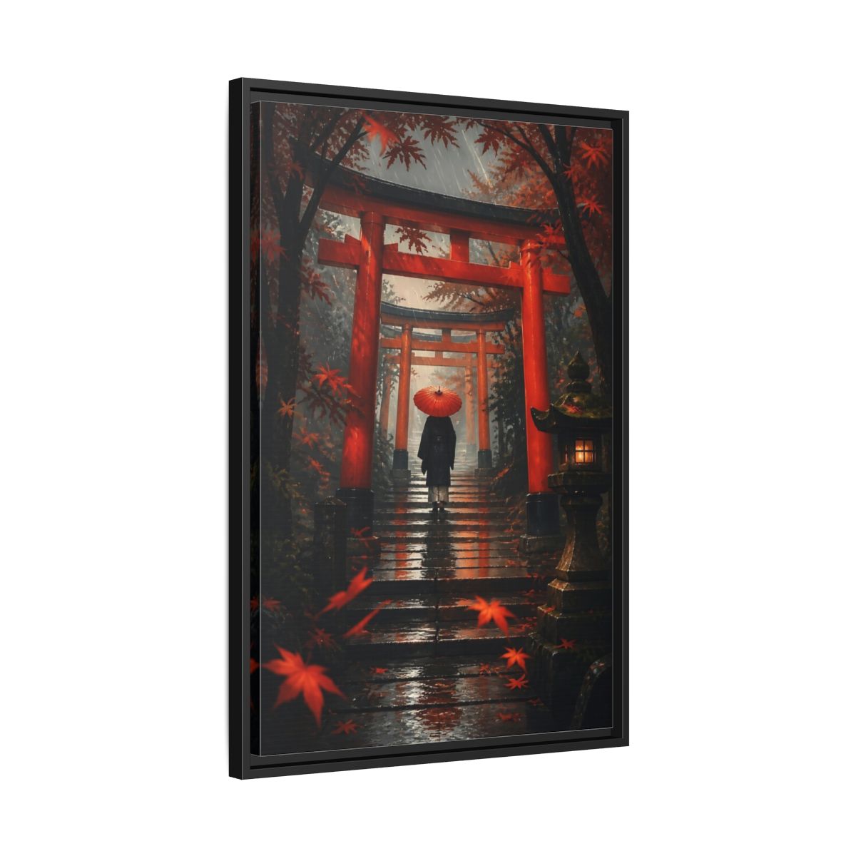 Side Mockup 14. Rainy Torii Path shown as framed canvas print
