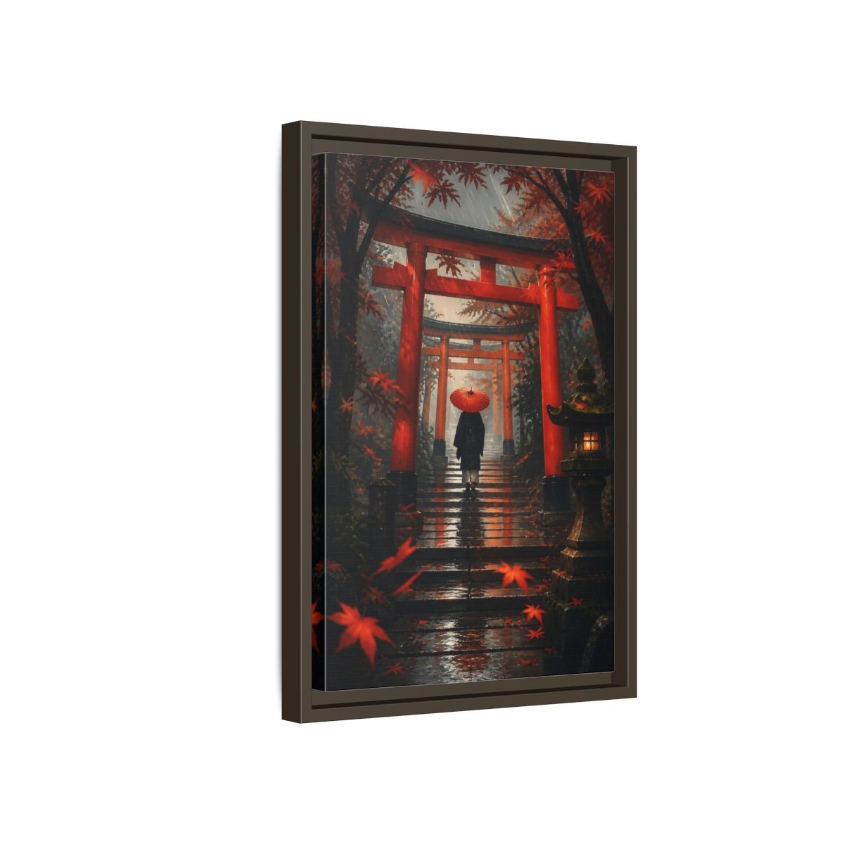 Side Mockup 5. Rainy Torii Path shown as framed canvas print