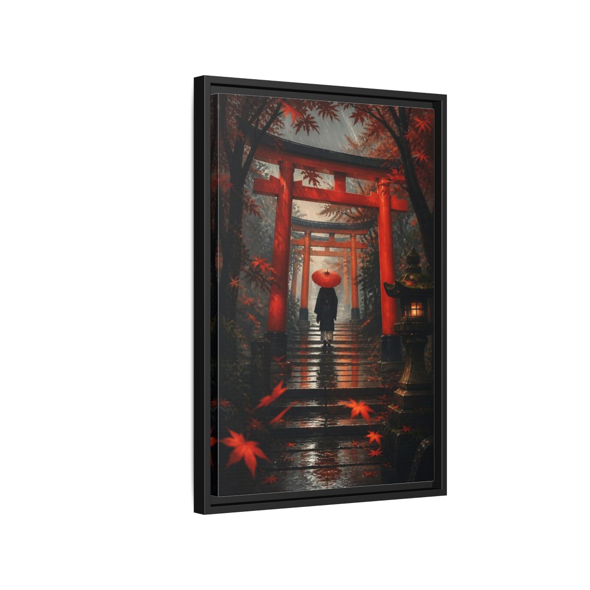 Side Mockup 3. Rainy Torii Path shown as framed canvas print