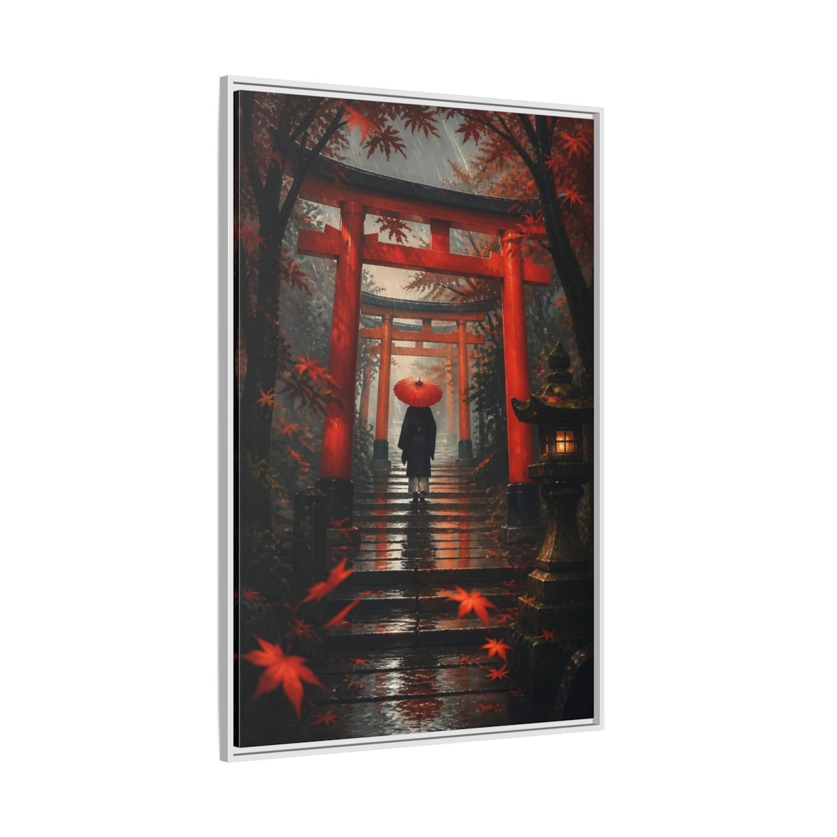 Side Mockup 7. Rainy Torii Path shown as framed canvas print