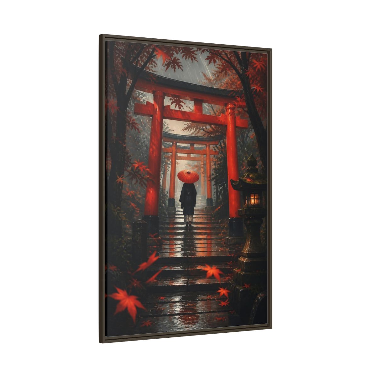 Side Mockup 8. Rainy Torii Path shown as framed canvas print
