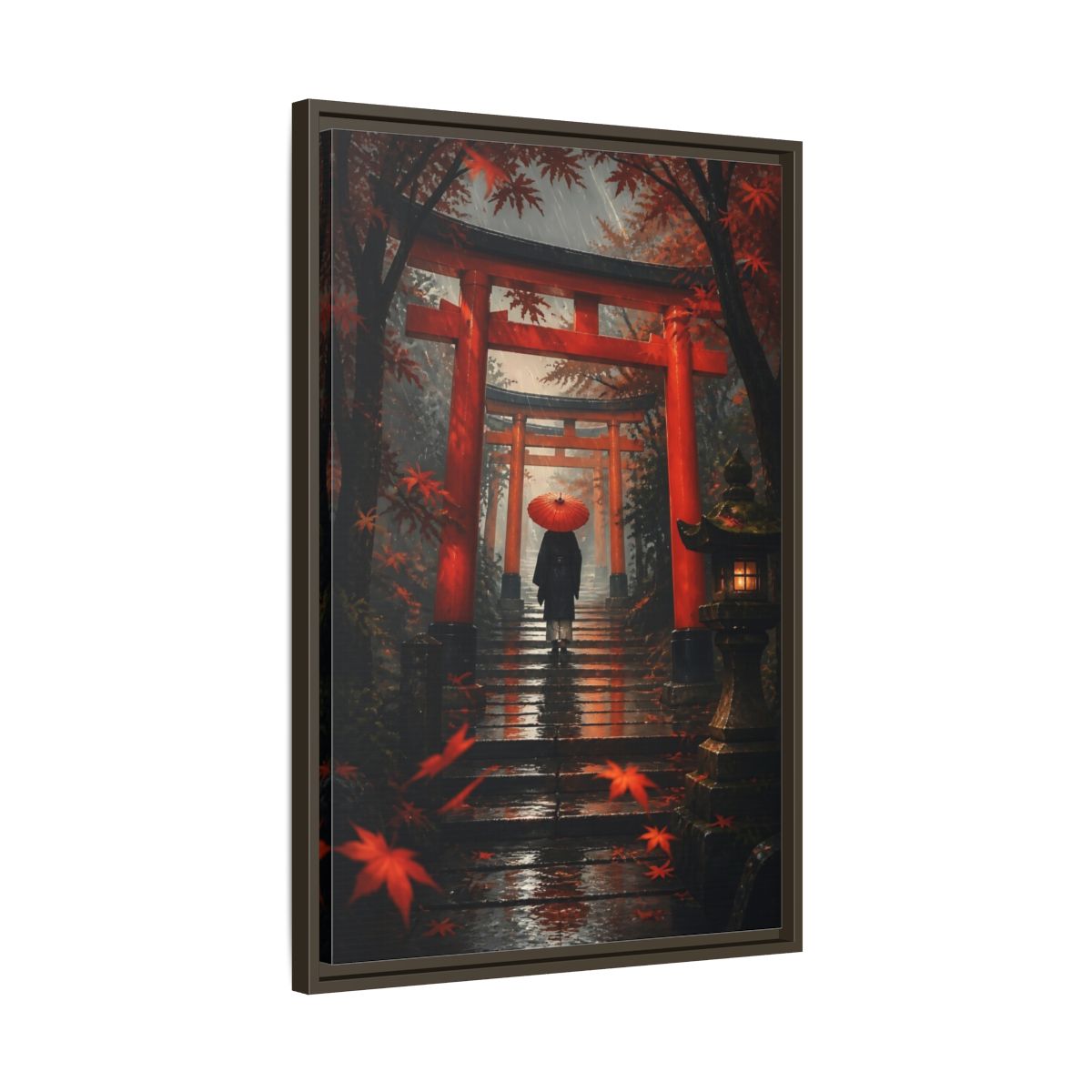 Side Mockup 11. Rainy Torii Path shown as framed canvas print