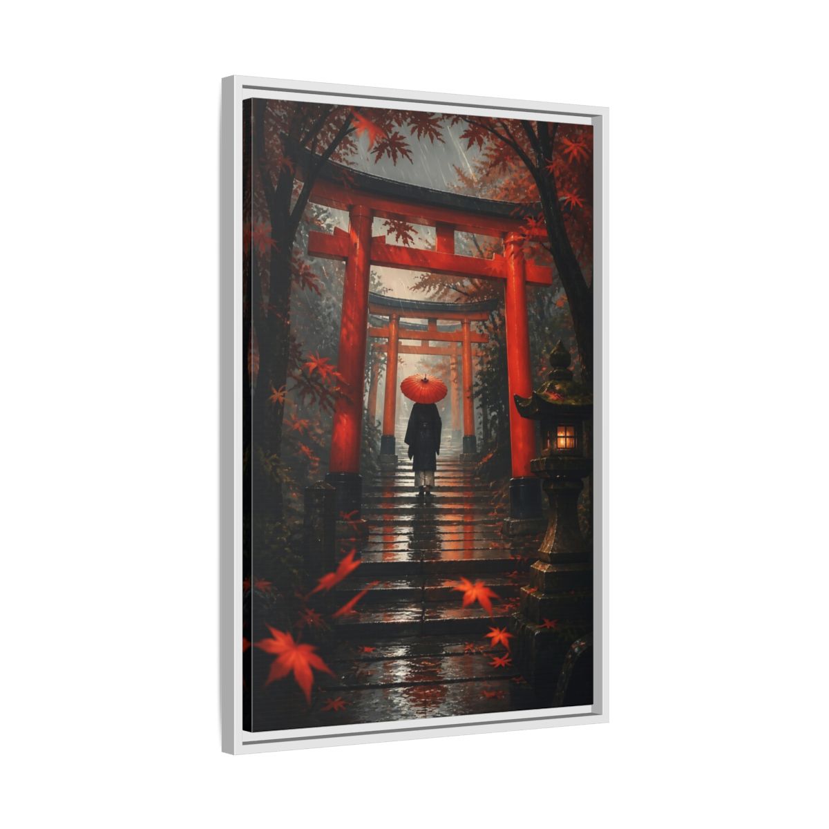 Side Mockup 10. Rainy Torii Path shown as framed canvas print