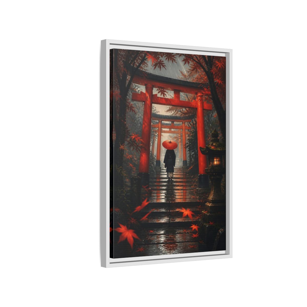 Side Mockup 1. Rainy Torii Path shown as framed canvas print