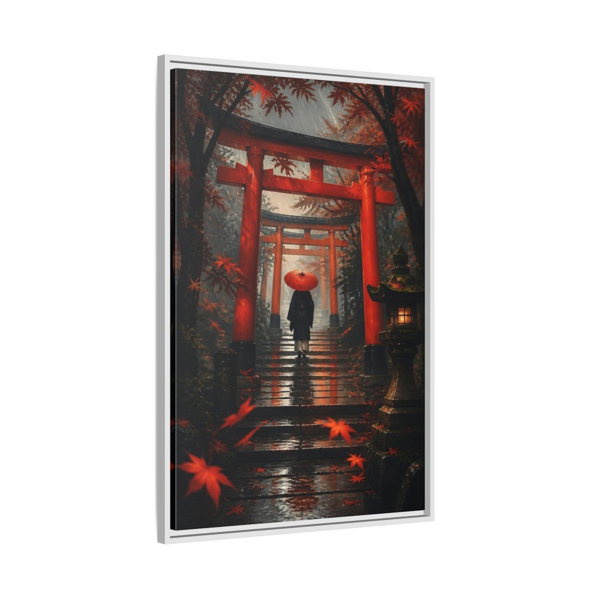 Side Mockup 9. Rainy Torii Path shown as framed canvas print