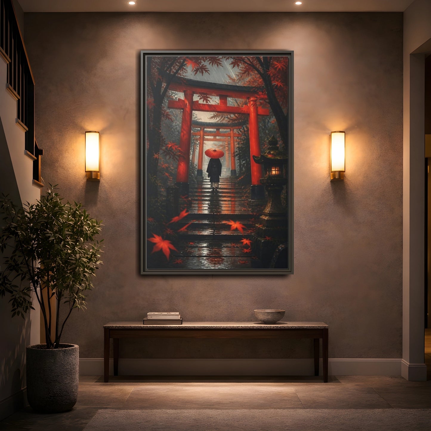 Mockup 2. Rainy Torii Path shown as framed canvas print