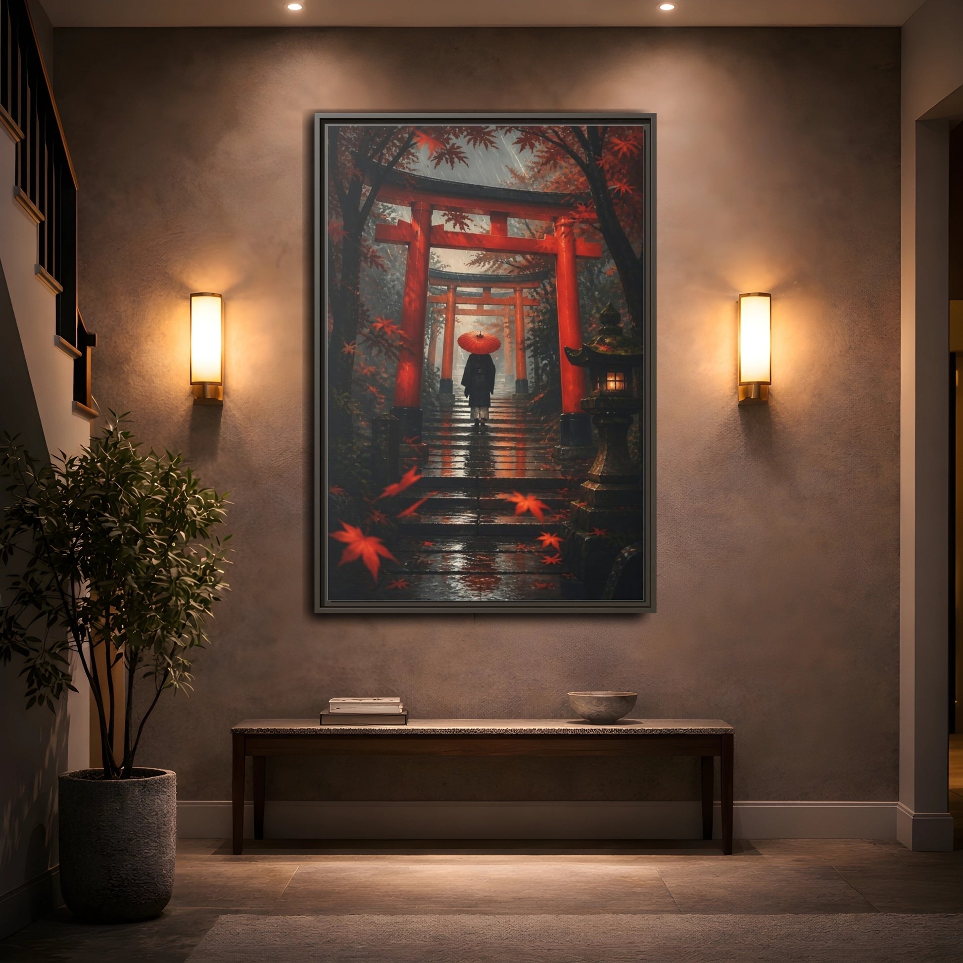 Mockup 2. Rainy Torii Path shown as framed canvas print