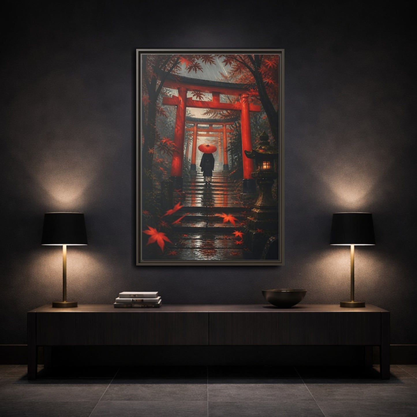 Mockup 3. Rainy Torii Path shown as framed canvas print