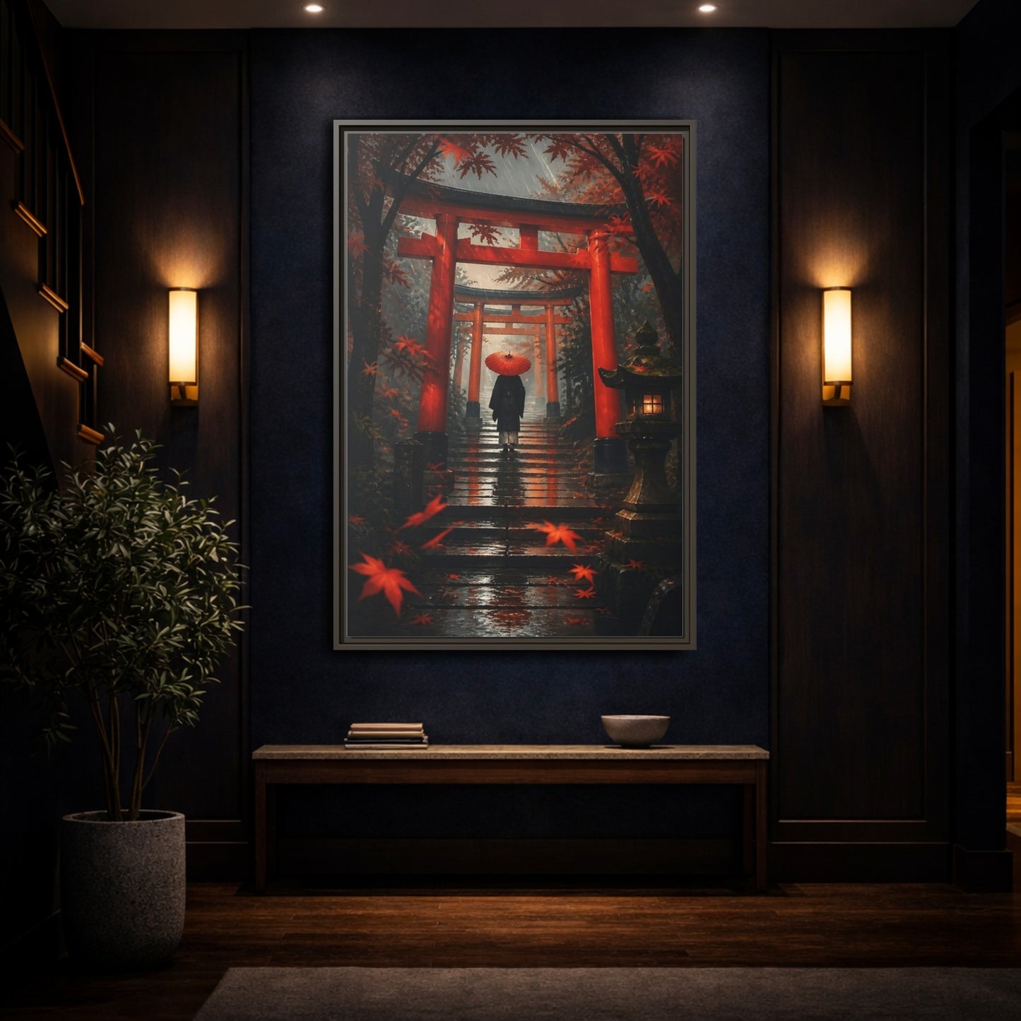 Mockup 4. Rainy Torii Path shown as framed canvas print