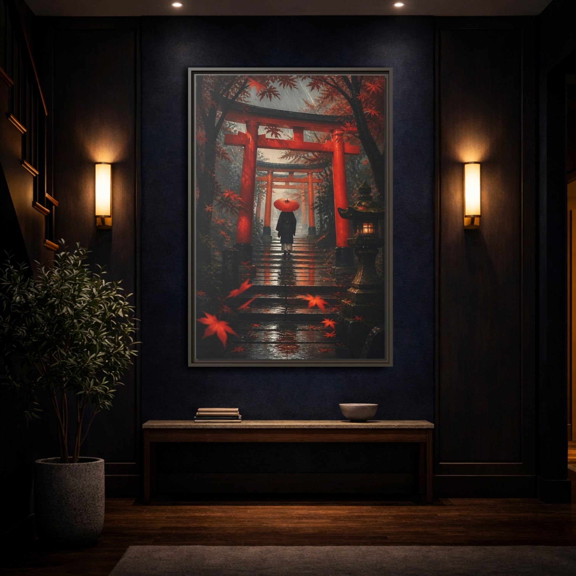 Mockup 4. Rainy Torii Path shown as framed canvas print