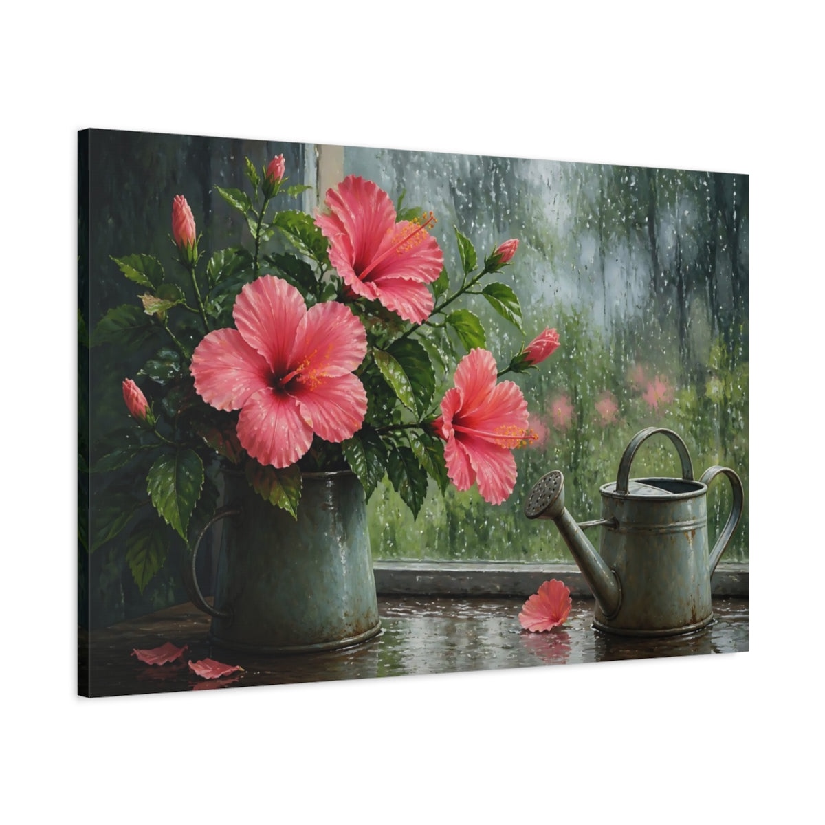 Main Mockup. Rainy Window Hibiscus shown as canvas print