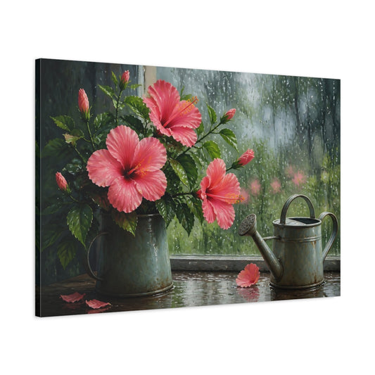 Main Mockup. Rainy Window Hibiscus shown as canvas print
